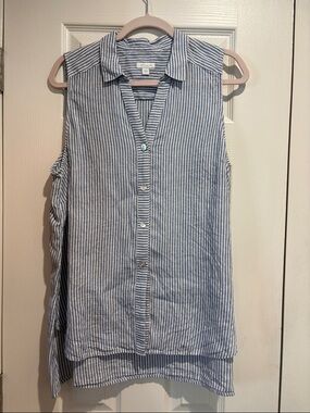 J. Jill Sleeveless Collared Blue Stripe Button-Front 100% Linen Top - Large